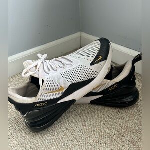 Men’s Nike Air Max 270. Size 13. Black/white/gold. Decent condition.
